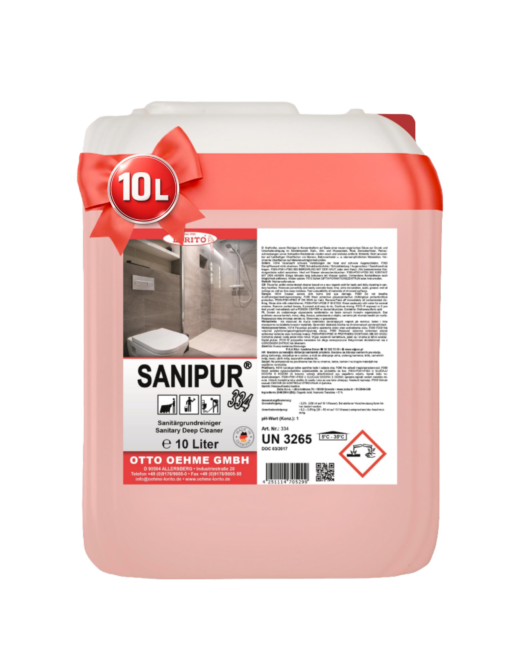 Lorito Sanitärreiniger Sanipur 10 L Konzentrat, Badreiniger extra stark | Saurer Urinsteinentferner & Badreiniger extra stark mit Abperleffekt gegen Kalk & Rost, ergiebiges Konzentrat (20–50 ml/10 L)