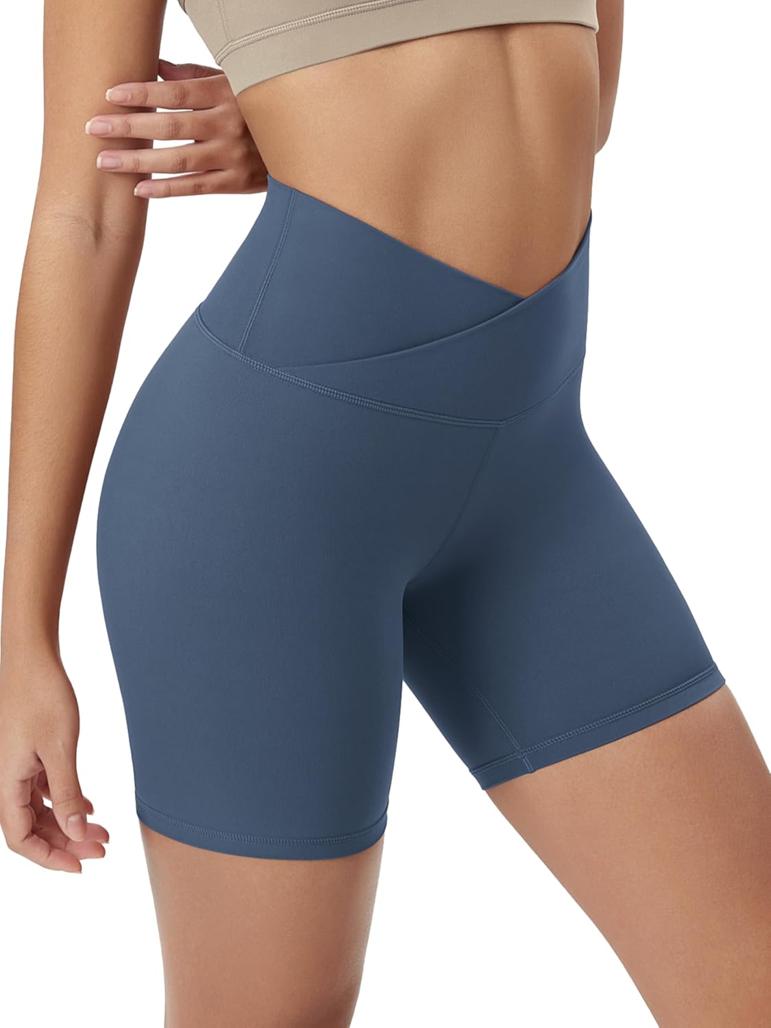 ODODOS Cloud Feeling Cross Waist Yoga Shorts for Women, 6″ Crossover High Waist Lounge Biker Shorts