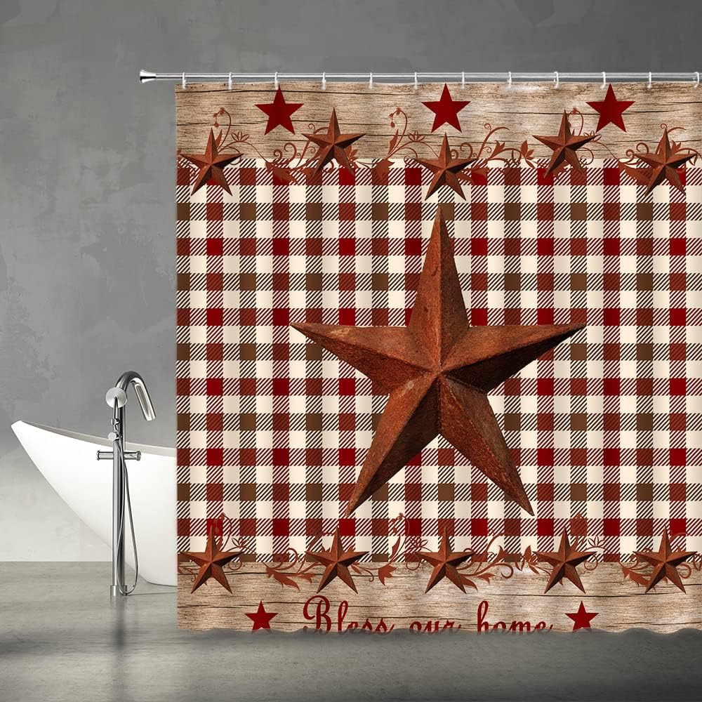 Texas Star Brown Shower Curtain Western Rustic Farmhouse Red and Beige Buffalo Check Plaid Primitive Country Fabric Bathroom Decor Set with Hooks(74.8" Wx70 H)