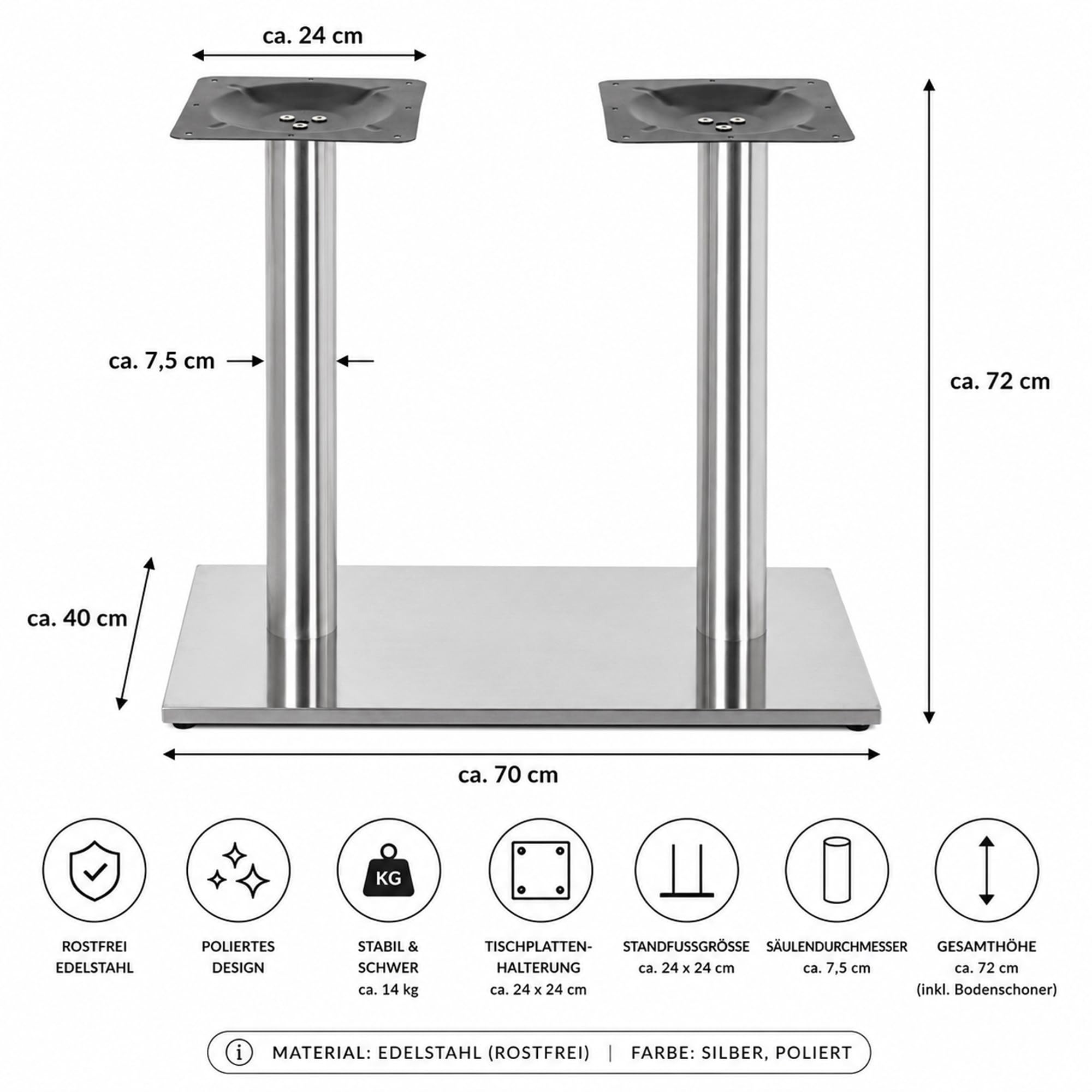 Mucola Tischgestell Tischuntergestell Doppelsäule Edelstahl 72 cm Silber
