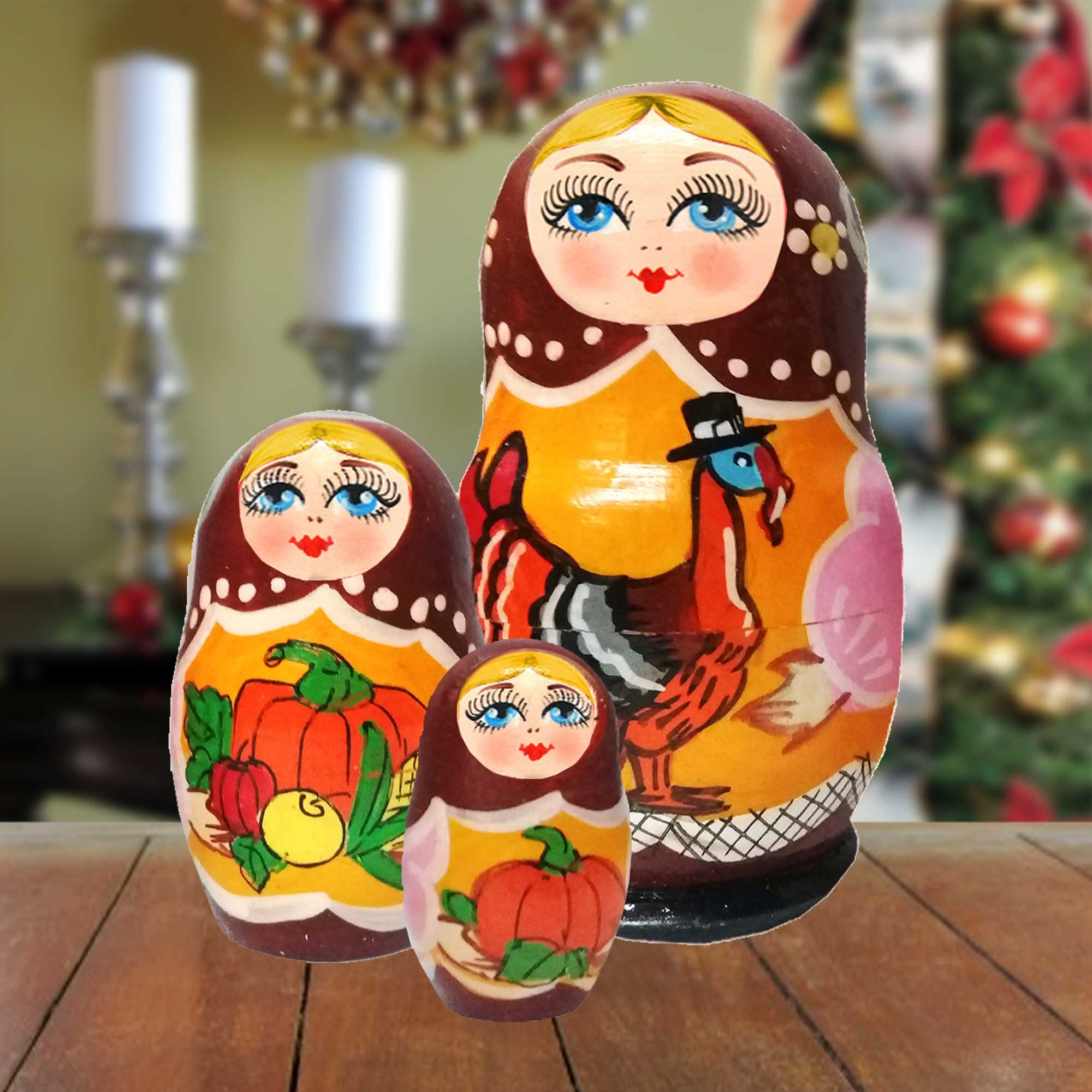 “Thanksgiving” 3-Nest Doll Russian Matryoshka Wooden Stacking Nested Dolls Wooden Handmade Toys Gift for Children Christmas Mother’s Day Birthday Home Decor Wishing Gift 14718