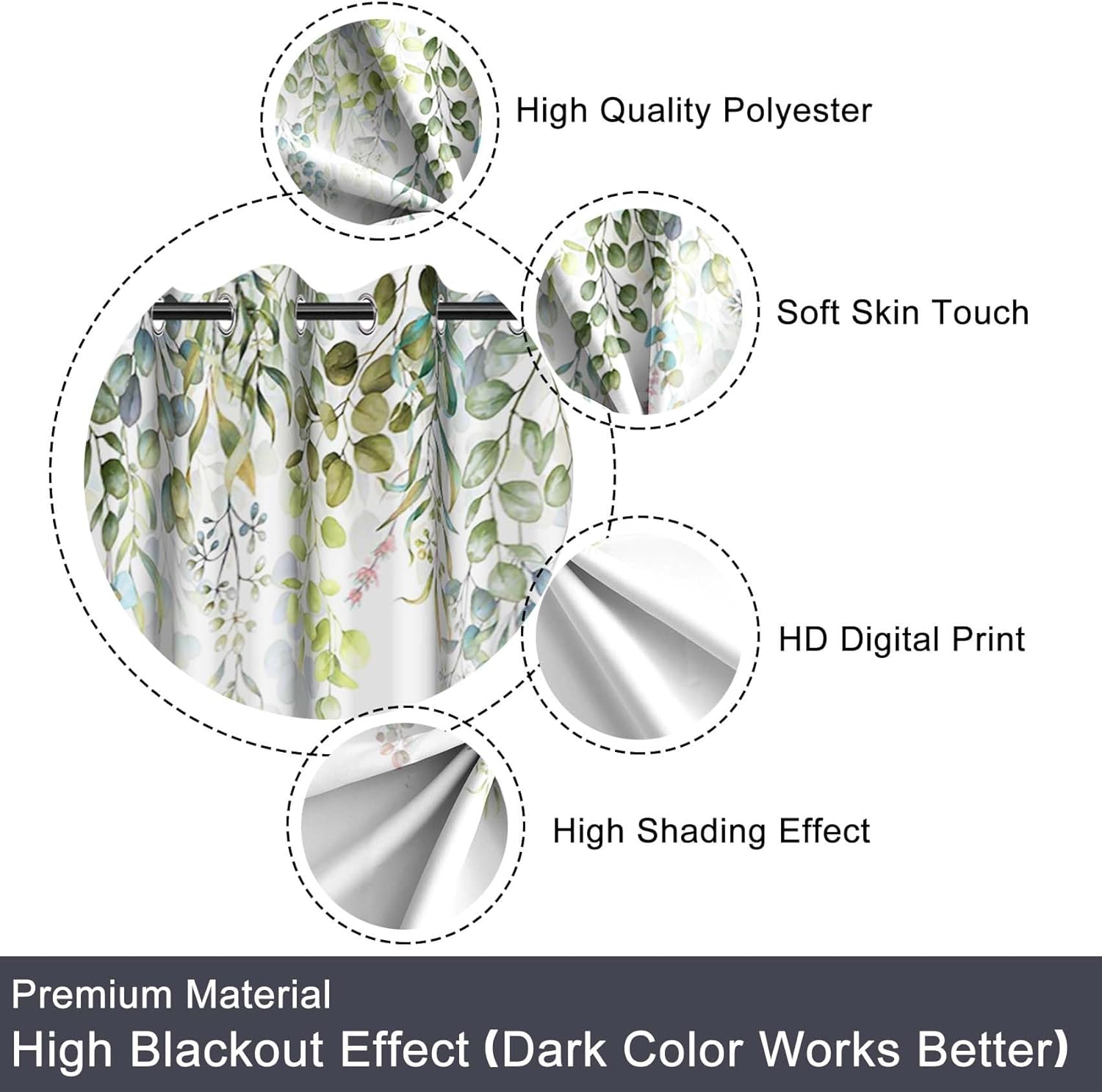 Baocicco Green Eucalyptus Leaves Curtains for Bedroom Living Room Spring Plant Printed Window Drapes with Grommets Natural Flower Floral Thermal Insulated Blackout Curtain 2 Panels 42x108 Inches