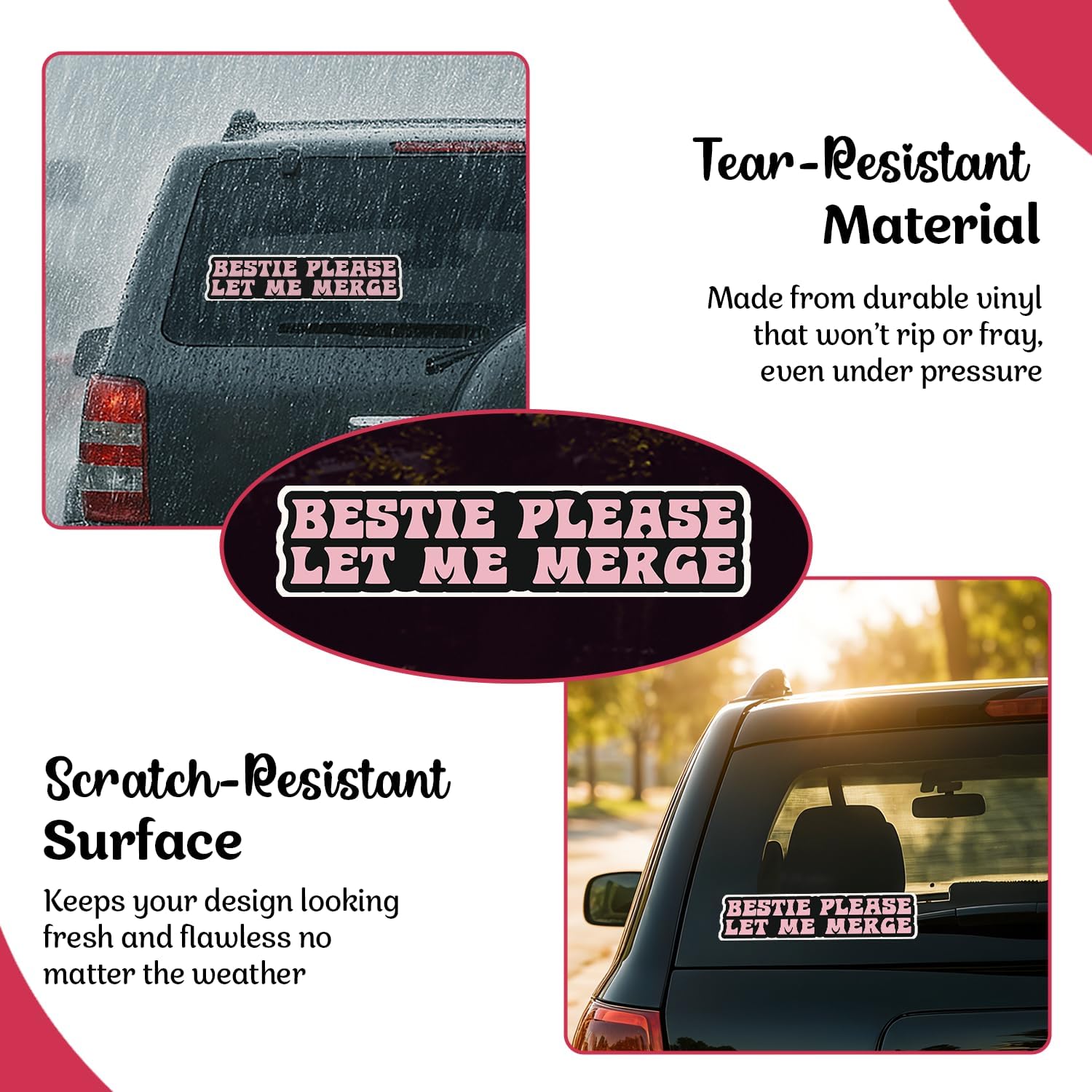 | Bestie Please Let Me Merge Bumper Sticker - Strong Adhesive, Waterproof and UV Resistant. Size 8x2 inches - Durable Material - for Cars, Trucks, Helmets etc. (Pink)