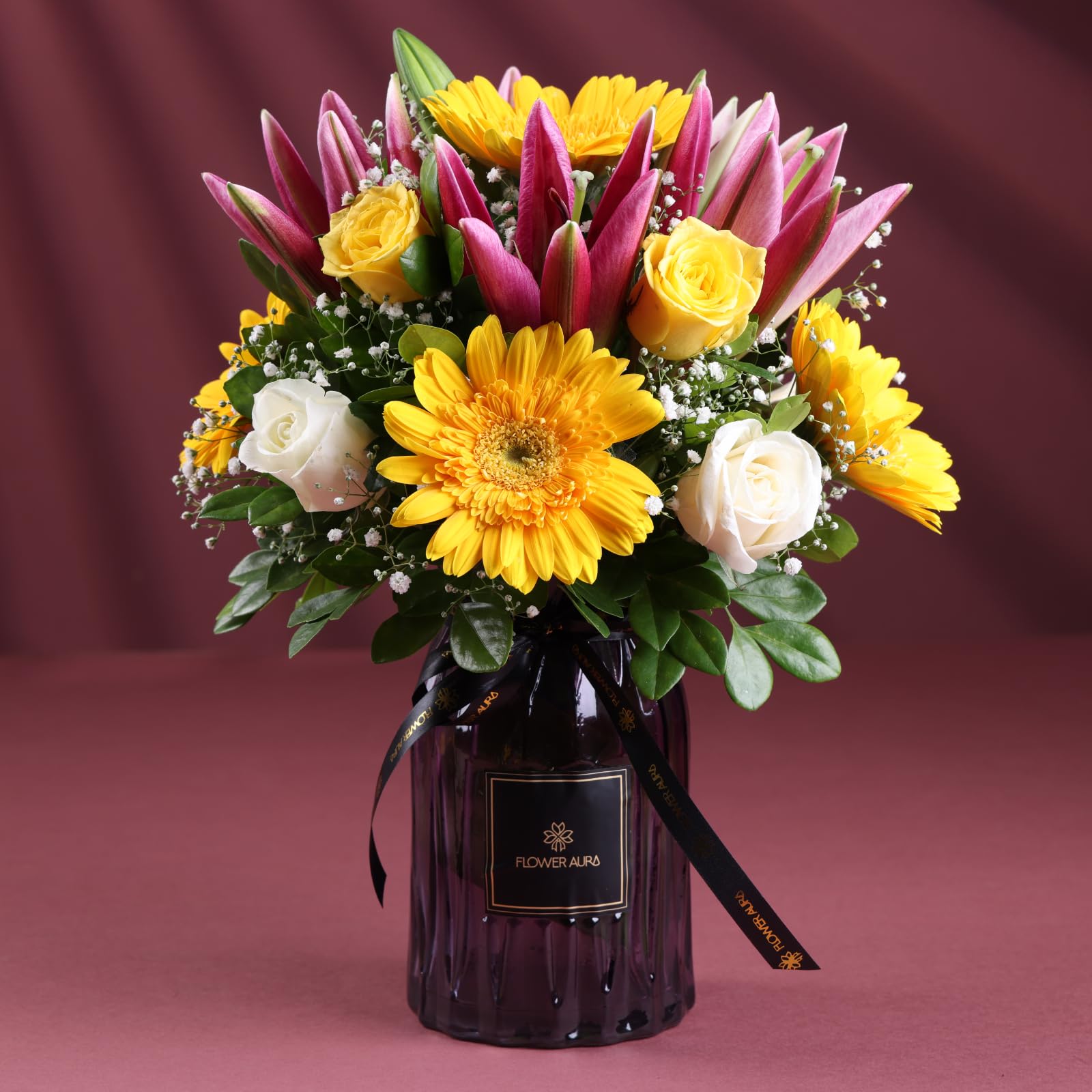 FlowerAura Premium Fresh Live Flower Bouquet of 5 Gerberas, 6 Roses & 2 Lilies In Vase For Birthday Gift, Anniversary Gift, Wedding Gift, Rose Day Gift, Valentine's Day Gift (Same Day Delivery)-image-6