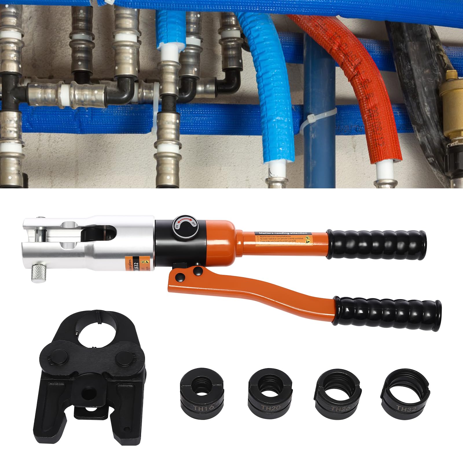 Pinza a pressa idraulica professionale, set di contorni TH (TH16-32), 10 tonnellate con testa girevole a 360°, per tubi in alluminio, PEX e PB
