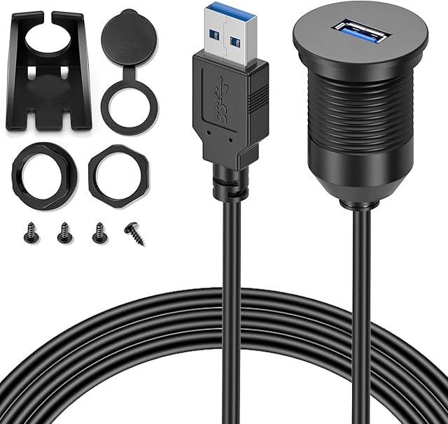 WILLIZTER USB 3.0 Male to Female Round Car Flush Mount Cable Extension Mount Panel Mount Dash Mount Waterproof For Car Vehicle Truck Boat Yacht Bike Motorcycle 3 Feet 1 Meter