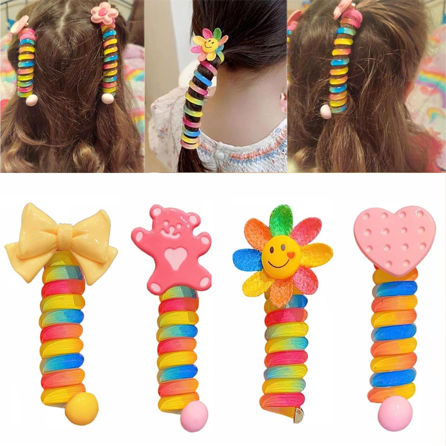 BOGOTA 4 Pcs Colorful Wire Hair Bands for Kids | Spiral Hair Ties Cute Cartoon Ponytail Maker Elastic Braids | Phone Cord Spiral Hair Ties | Hair Accesories for Women Girl