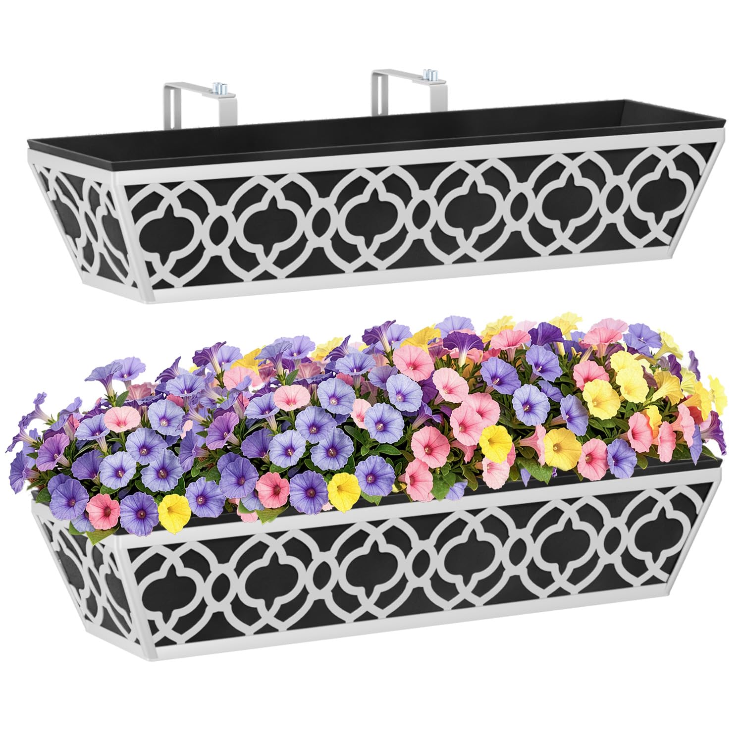 Hfhome Flower-24In 2P-Gray 2Pcs 60.9Cm/24In Metal Window Box, Outdoor Hanging Flower Boxes With Non-Woven Fabric Liner & Adjustable Brackets, Wall Trough Planter For Balcony Terrace Fence Garden
