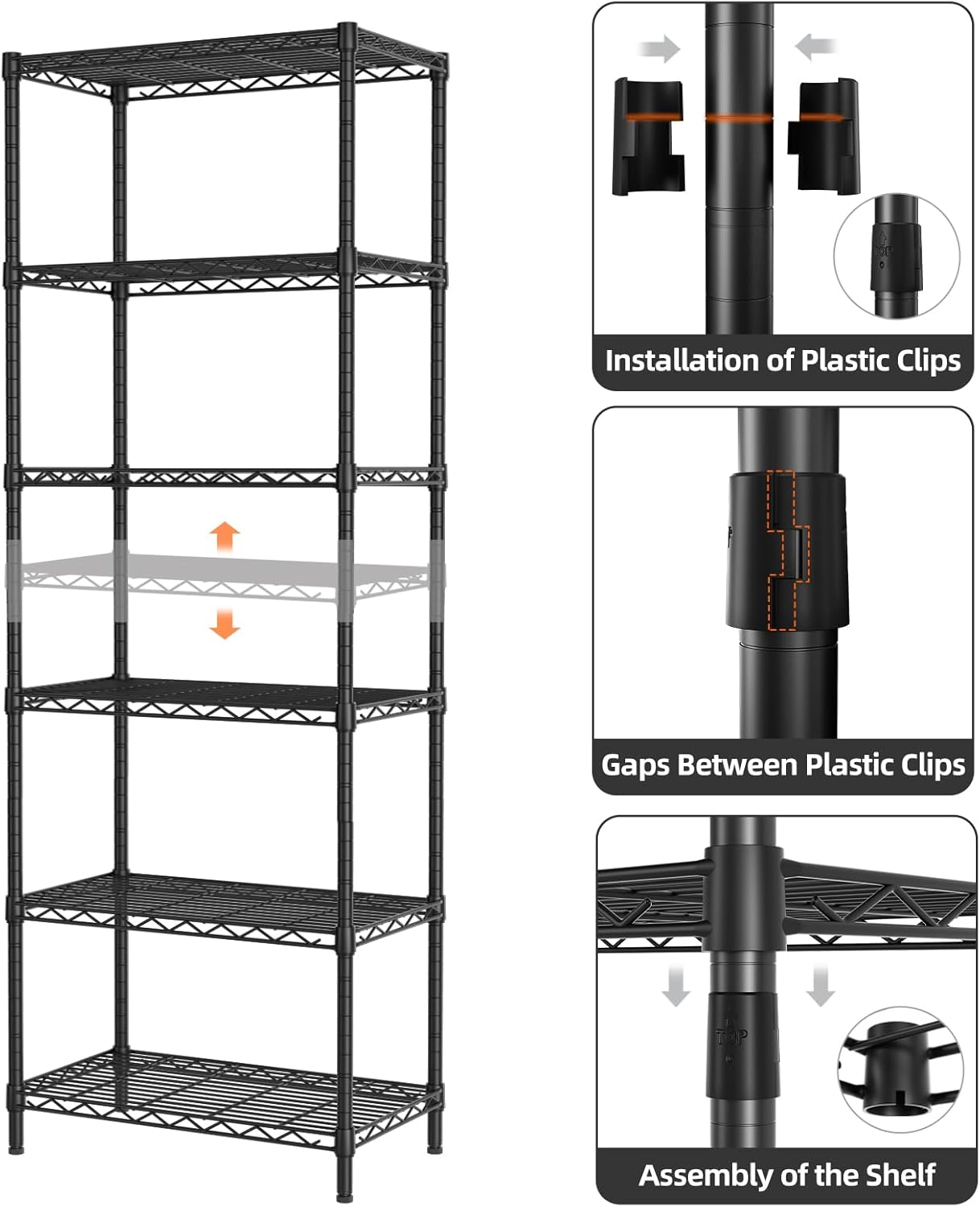 SINGAYE 6 Tier Adjustable Storage Shelf Wire Shelving Unit Metal Shelves Standing Closet Bathroom Organizers Pantry Kitchen Garage Laundry Room Organization Home Rack 12" D X 22" W X 69.5" H Black - Image 5
