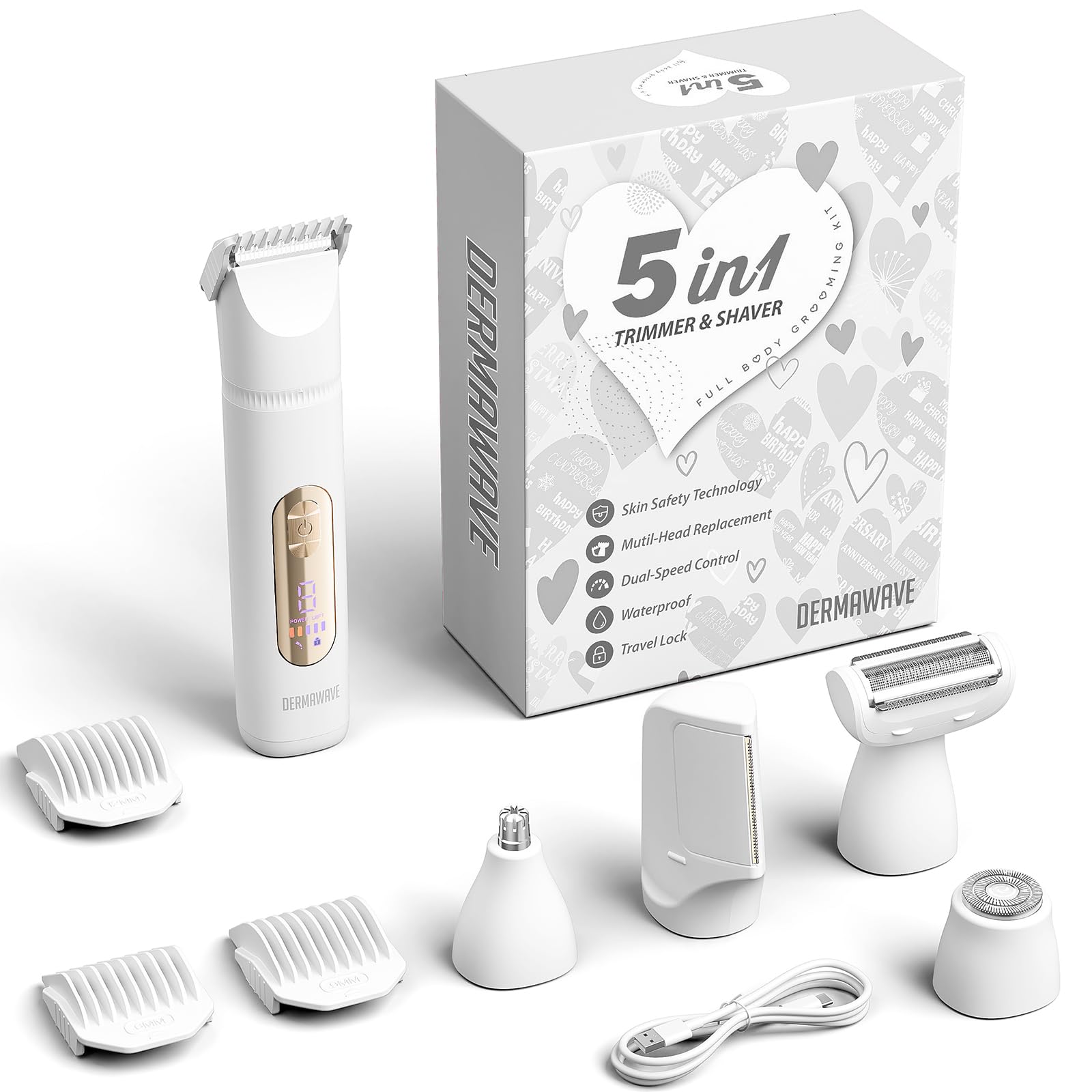 Maquinilla de afeitar y depiladora eléctrica 5 en 1, recortadora de bikini para mujer: depilación indolora para cuerpo, piernas, facial y nariz, afeitadora eléctrica impermeable para vello púbico