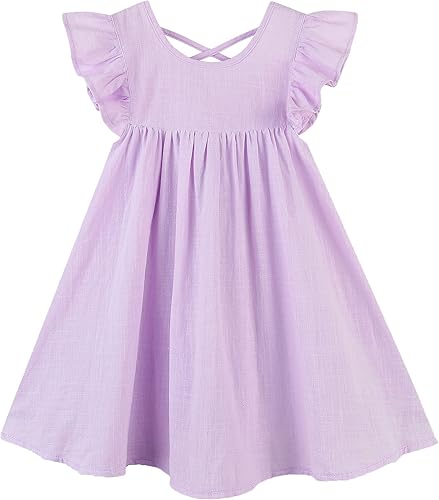 GSVIBK Vestido de lino de algodón para niñas, vestido cruzado en la espalda con mangas con vuelo, vestido de patinadora acampanado para bebé,