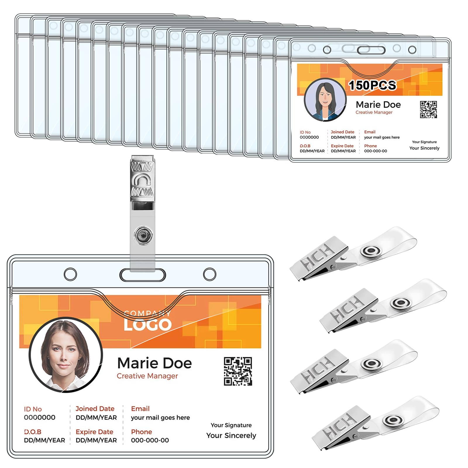 HIMOMO 150 Pack Horizontal Clear ID Badge Holders with Metal Alligator Clips, Waterproof PVC Name Tag Sleeves, Transparent Access Card Protectors for Staff Students Conferences & Business Events