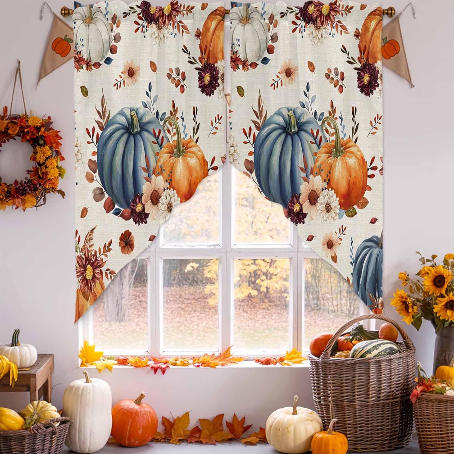 Orange Blue Fall Pumpkins Swag Valances for Windows 2 Pack, Kitchen Window Curtains 36 Inch Length, Floral Botanical Thanksgiving Rustic Privacy Swag Curtains for Living Room/Bathroom 36"x36"