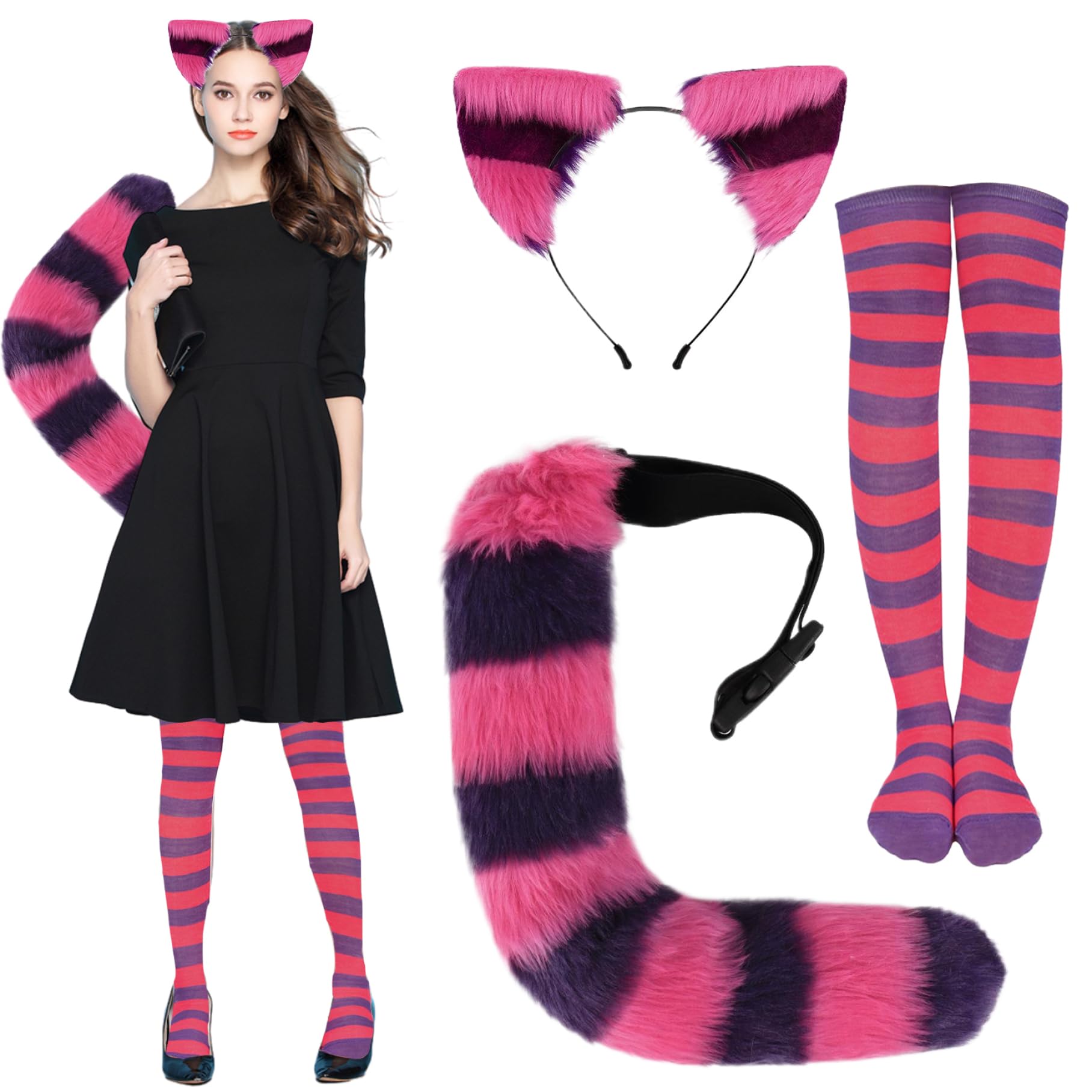 Orejas de gato, disfraz de gato para mujer, disfraz de gato de cheshire de Halloween con cola de gato, orejas de gato y calcetines altos a rayas, atuendo de vestuario de gato de cosplay para la fiest