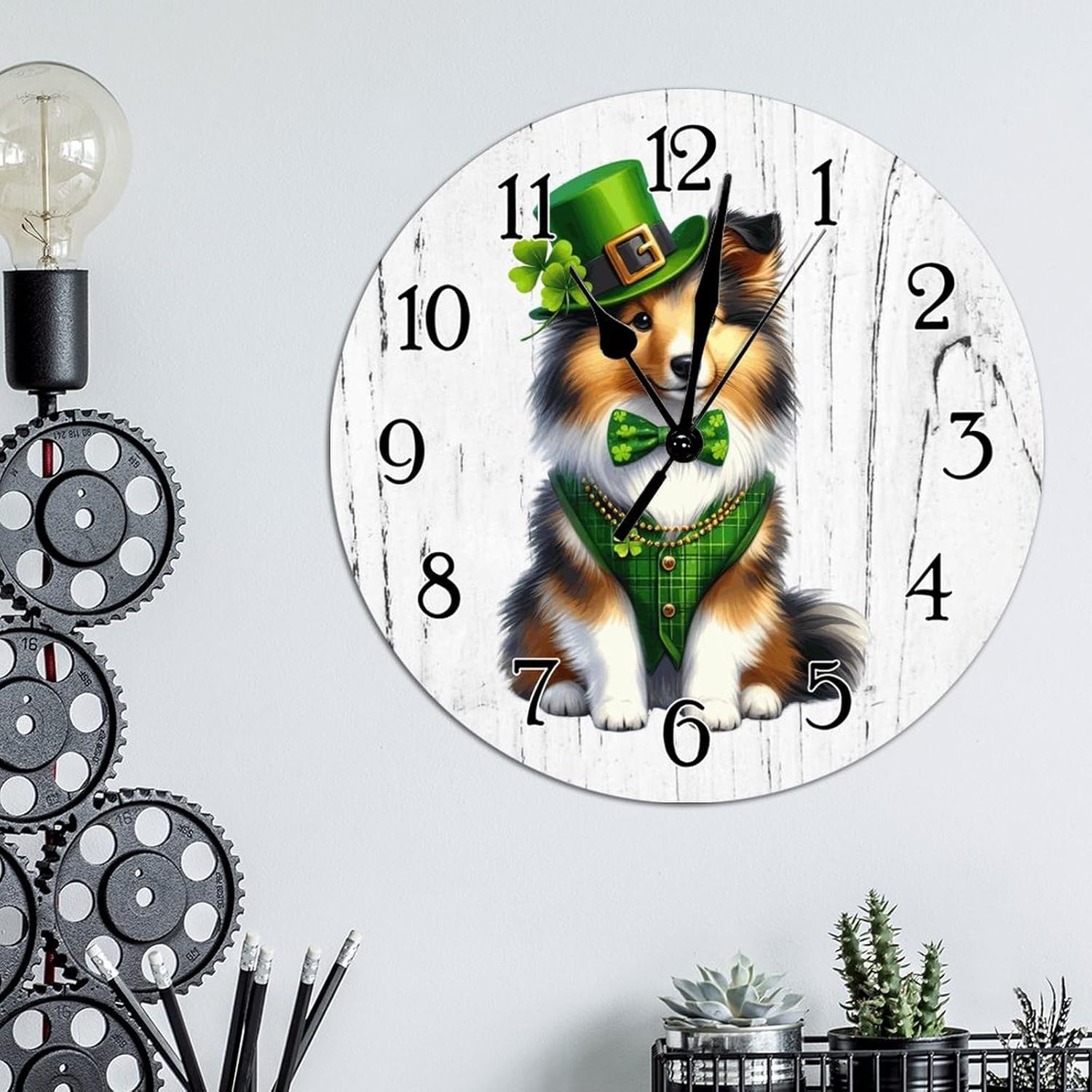 Shetland Sheepdog St. Patrick's Day Wood Wall Clock Shetland Sheepdog Dog Green Leprechaun Hat Leaf Clock Battery Operated Silent Hanging Wall Clocks Pet Owner Gift Wooden Clock 12x12in