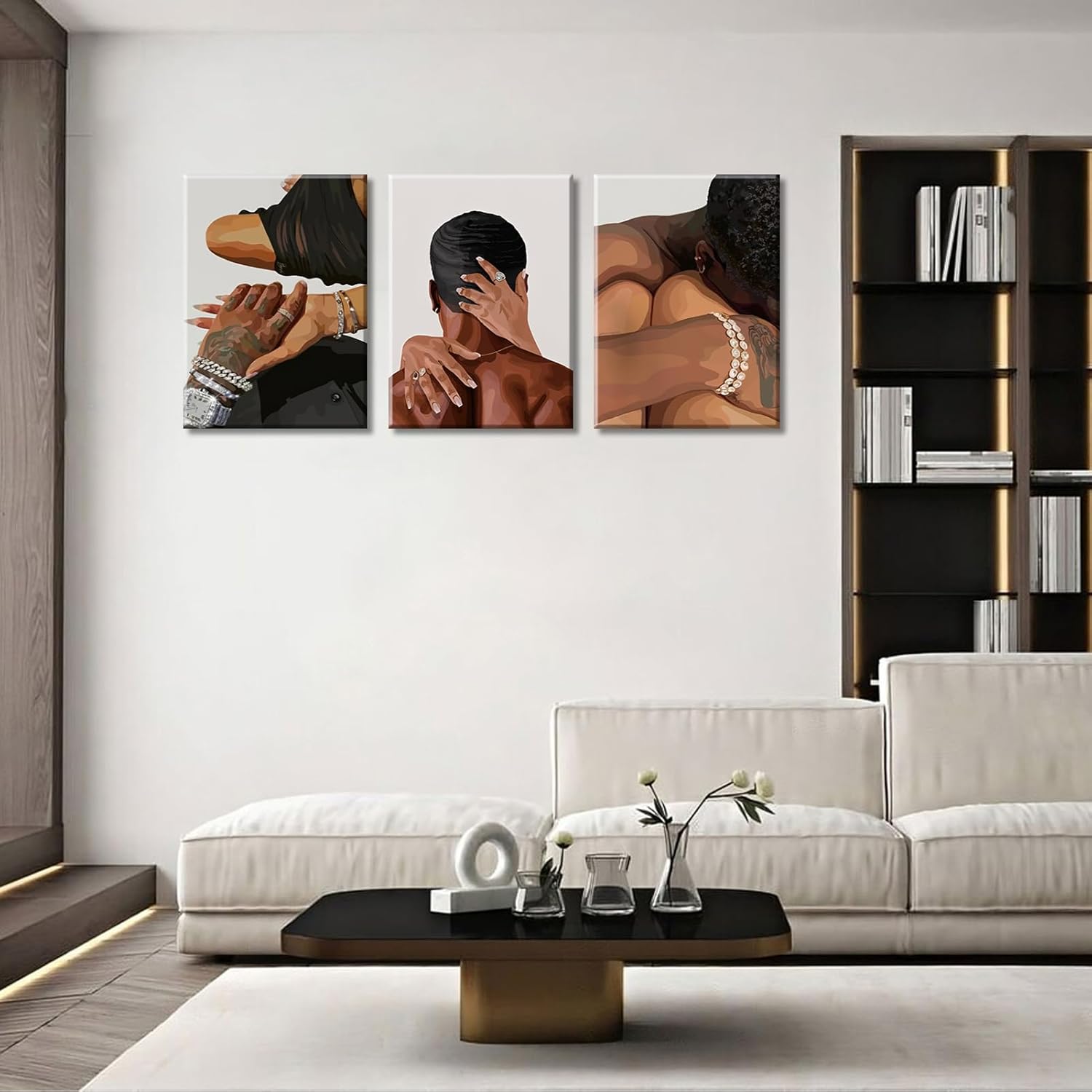Black Couple Canvas Wall Art Set of 3 Fashion African American Black Love Wall Decor Pictures Afro Women Men Posters Prints for Living Room Bedroom Decoration, 12x16in