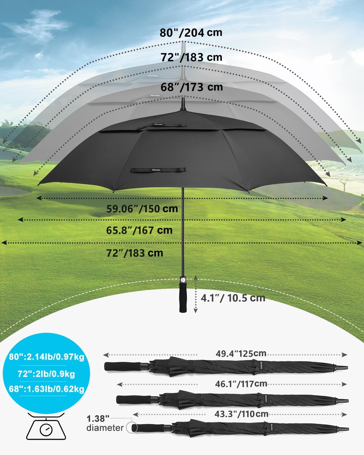 Gonex 54/62/68/72/80 Inch Extra Large Golf Umbrella, Automatic Open Travel Rain Umbrella with Windproof Water Resistant Double Canopy, Oversize Vented Umbrellas for 2-3 Men and UV Protection, Multiple Colors Black 72 inch