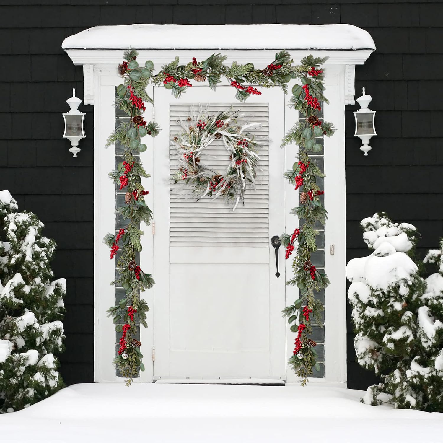 Artificial Christmas Wreath, 24" Snow Flocked Pine Cone Grapevine Frosted Wreath with Red Berries Eucalyptus for Front Door Winter Christmas Home Hanging Wall Window Party Decor