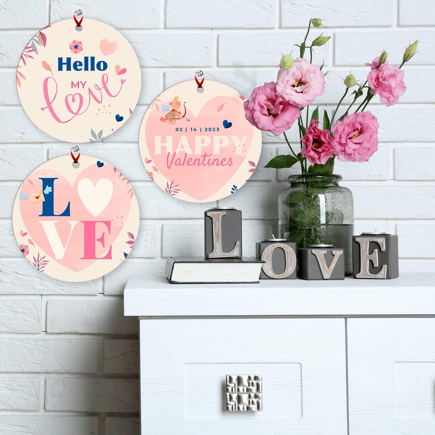 Soul Décor Valentines Day Ornaments Decoration, Hello My Love Happy Valentines, Large 8" Round Metal Ornament, with Red Satin Ribbon