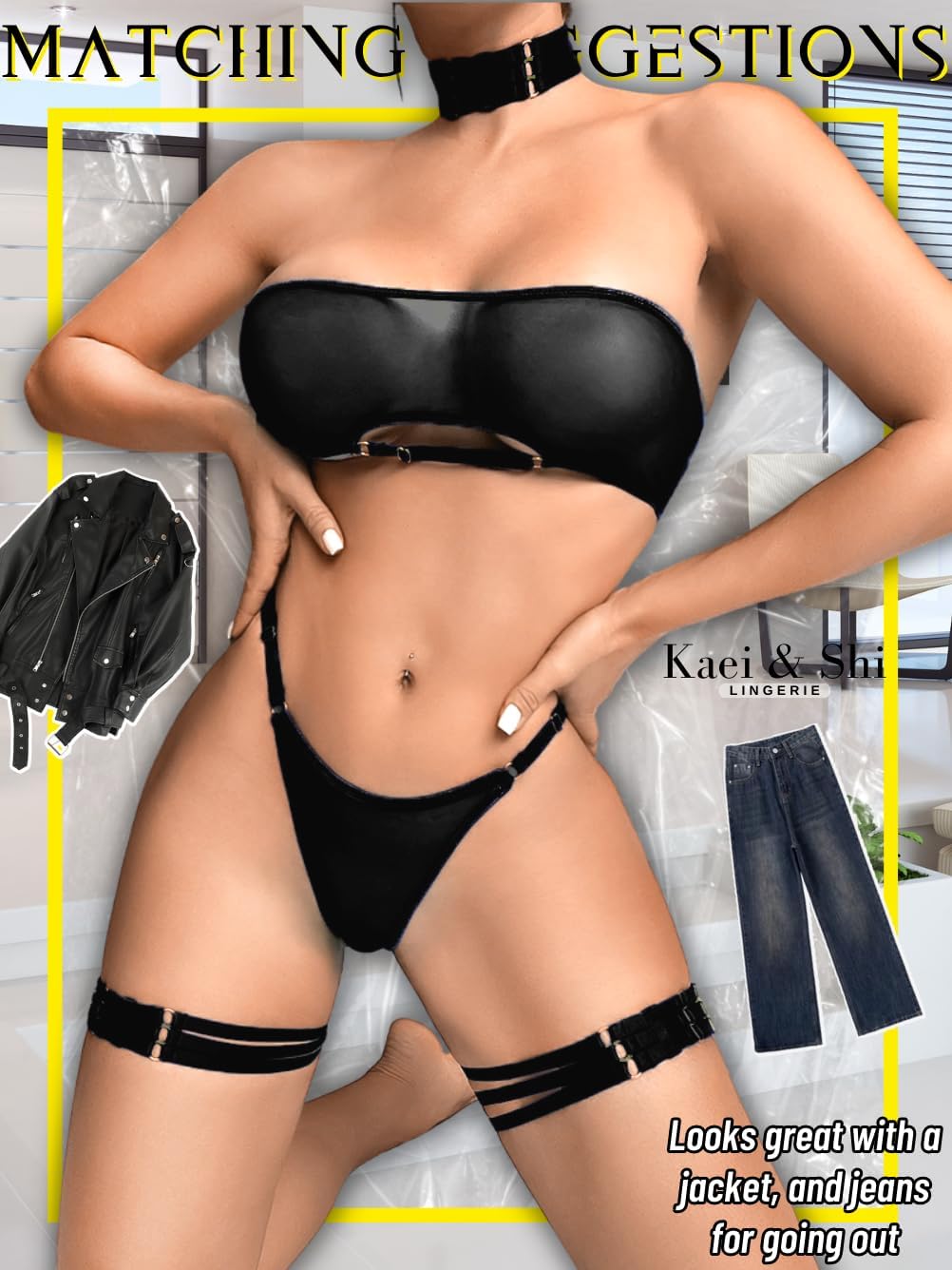 Kaei&Shi Sheer Mesh Lingerie Set, Sexy Bra And Panty 4PC, Strapless Choker - Image 5