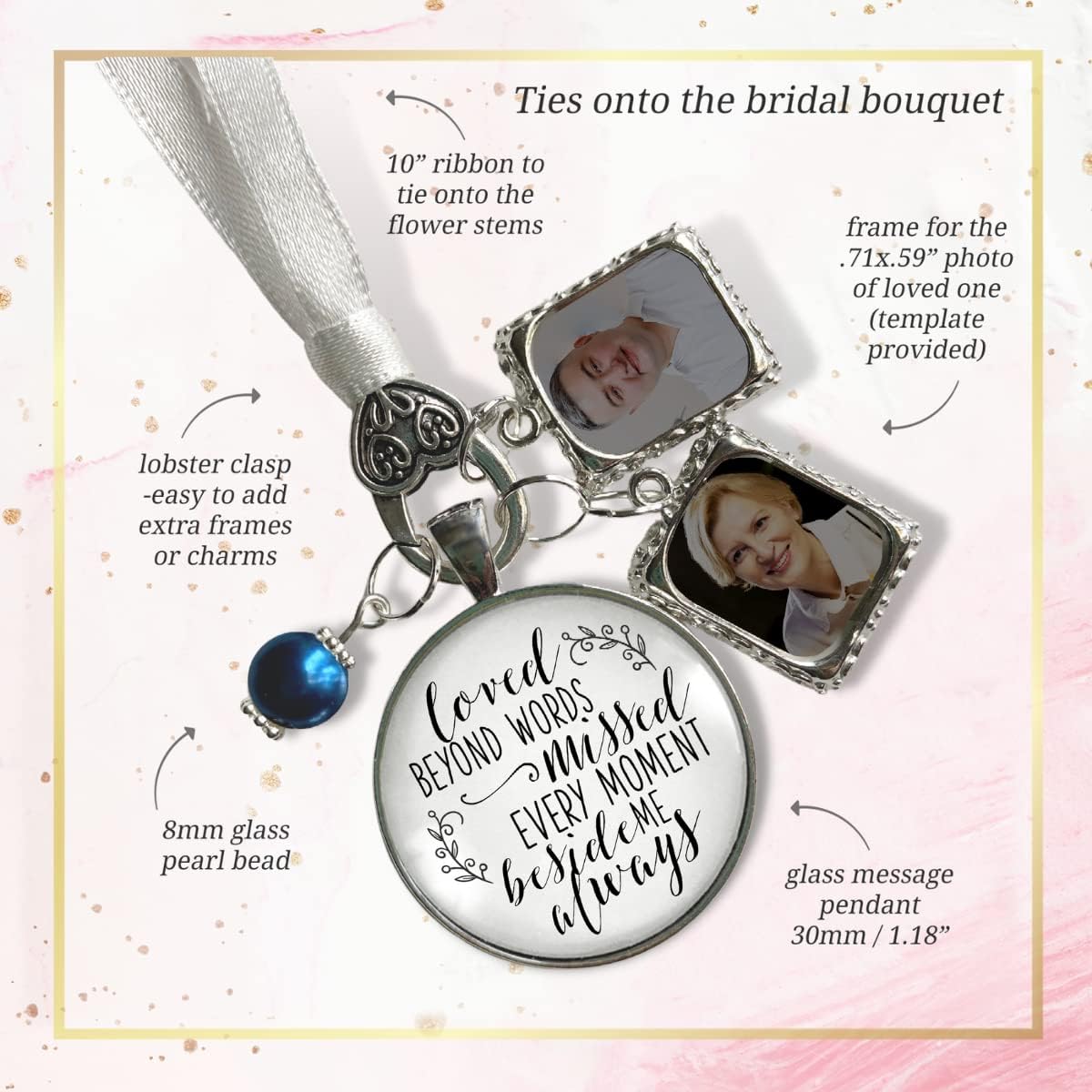 Gutsy Goodness Wedding Memory Charm Loved Beyond Words, Missed Every Moment Memorial Bouquet Jewelry Photo Frames Bronze Silver Cream White Pendant Bridal Flower DIY Picture Template - Image 5