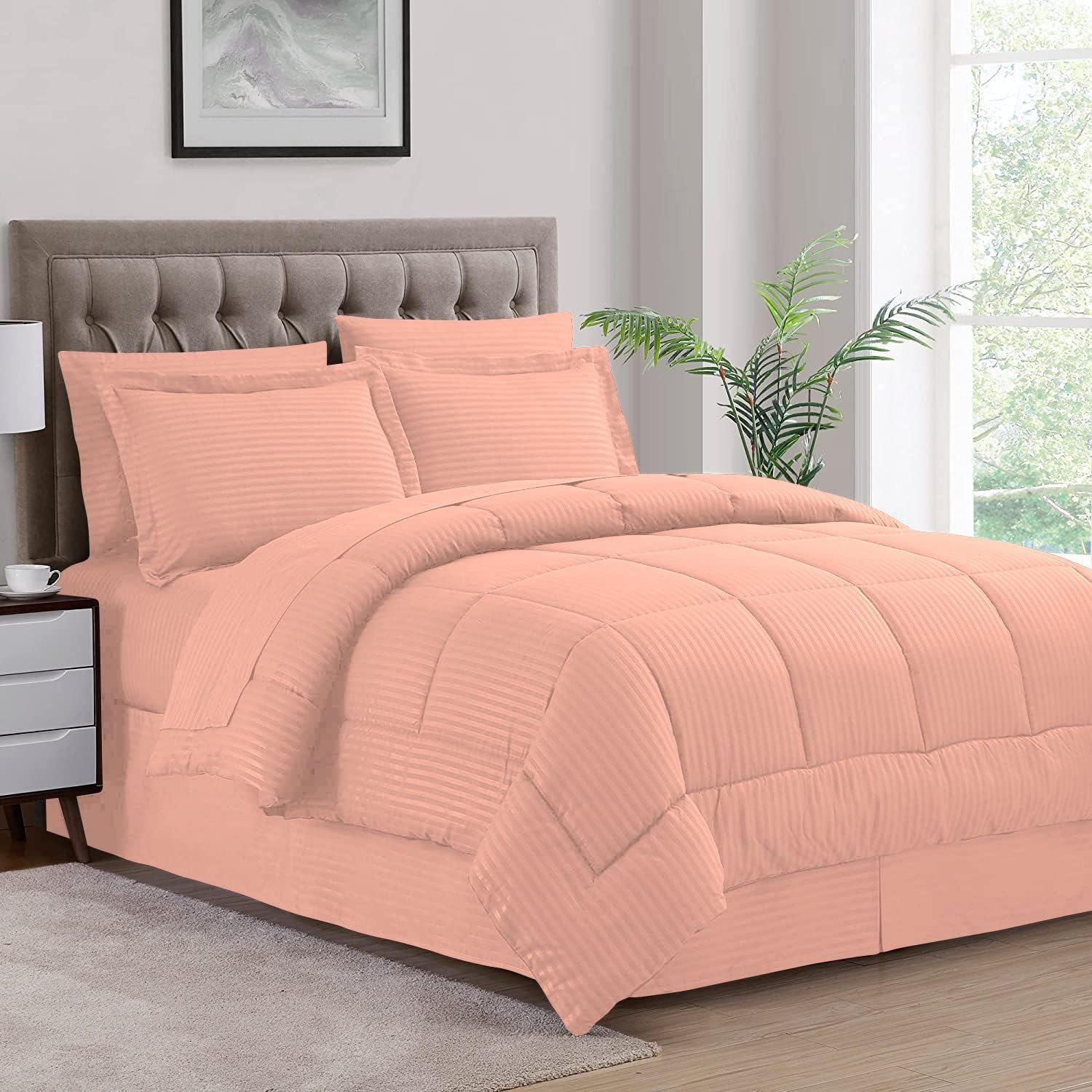 1 Piece Classic Egyption Cotton Premium Quality Comforter-300 GSM Cotton Stripe, 1000 TC (Twin XL Size,Peach)