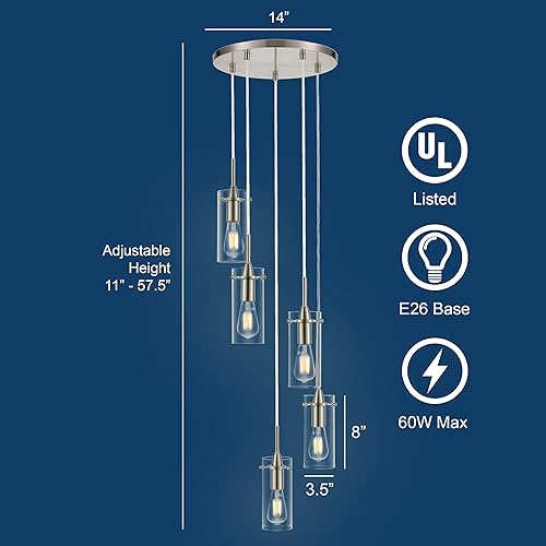 Miniatura 6 de Linea di Liara Effimero - Lámpara colgante de 5 luces para escaleras, araña grande de níquel cepillado, lámpara de araña moderna, lámpara de