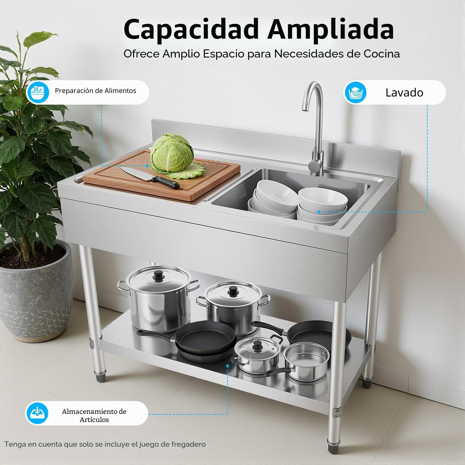 Fregadero de cocina independiente con mueble bajo fregadero y grifo, lavabo exterior, fregadero de acero inoxidable para restaurante, lavadero y garaje, 1000 x 600 x 800 mm