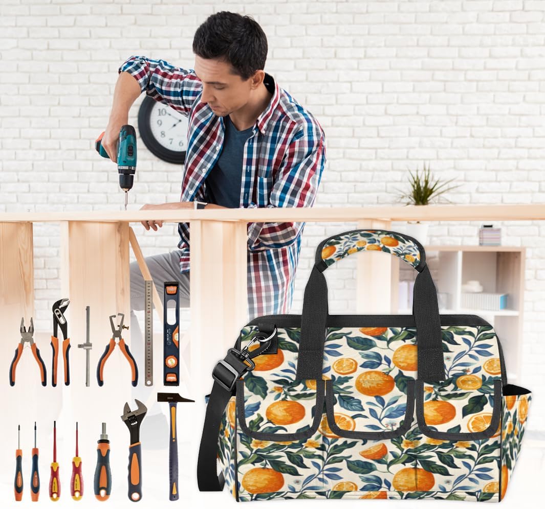 Orange Floral Motif Heavy Duty Tool Bag 14.8 Inch for Men, Wide Mouth Garden Tool Storage Bag with Adjustable Shoulder Strap, 14 Pockets Tool Bag Organizer for Construction, Gardening