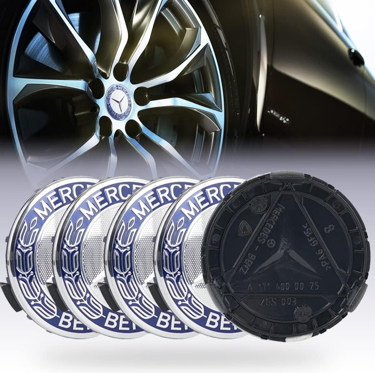 4 PCS Wheel Center Caps Cover Compatible with For MBENZ 75mm/2.95inch, Rim Wheel Center Hub Caps Cover with 4PCS Tire Valve Cover