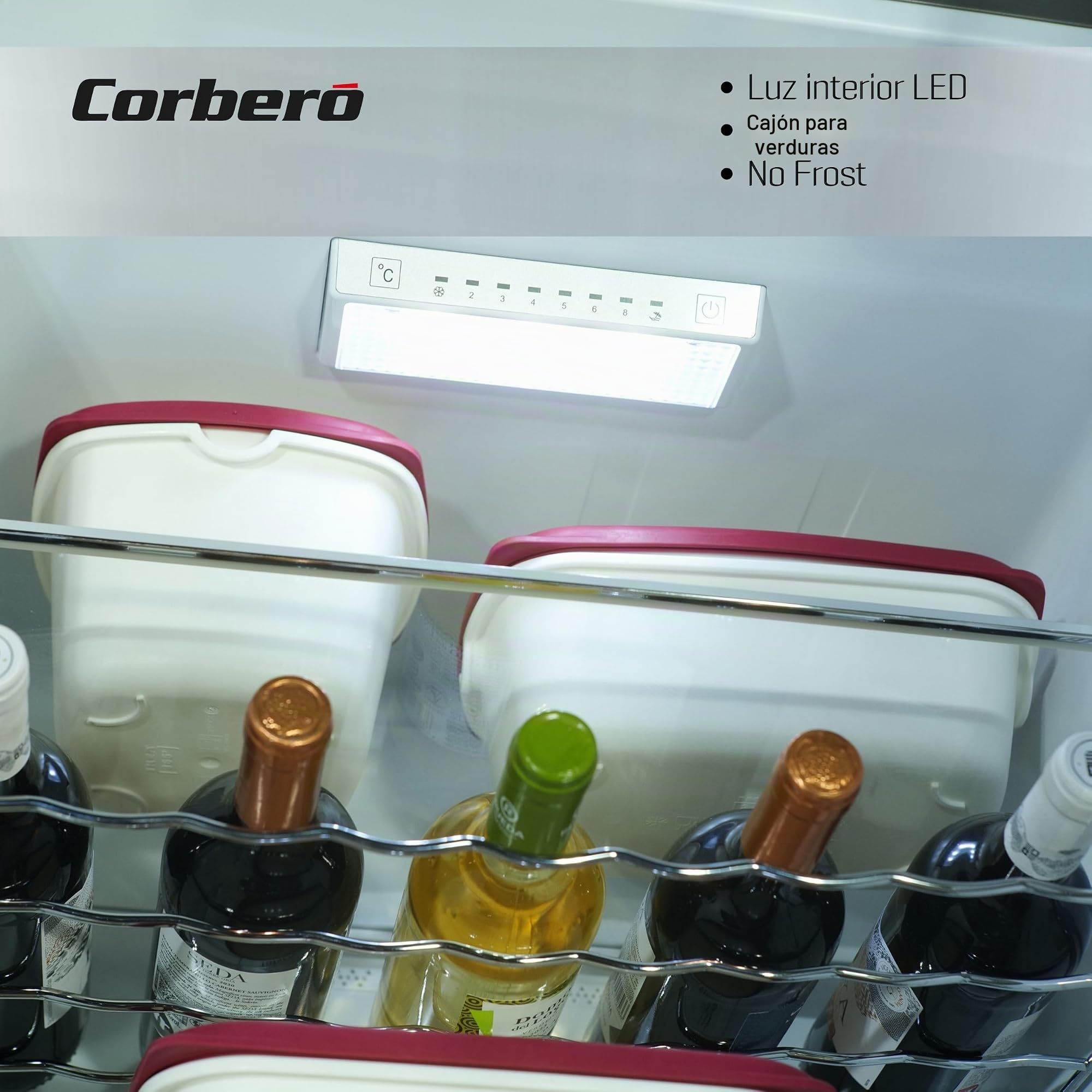 Corberó - Frigorífico Combi | CCM200834NFX | 336L | 57,9x59,5x202 | No Frost | Inverter | Luz LED | Fresh Box | Crisper | Balcones Ajustables | Estantes de Cristal | Huevera | 35 Db | Inox