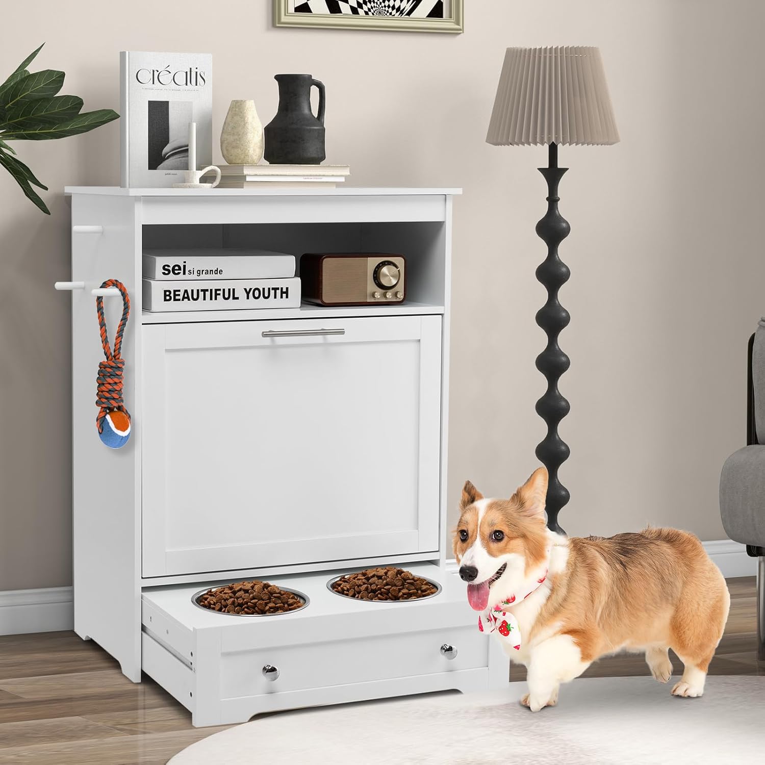 PETSITE Dog Feeding Station with Storage and 2 Elevated Bowls, Modern Dog Food Cabinet with 3 Side Hangers and Tilt-Out Storage Cabinet (White)