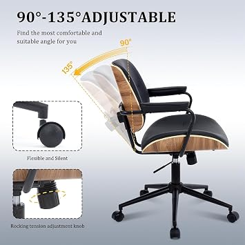 Office Computer Desk Chair Mid Century Modern Office Chair Swivel Rolling Task Chair with Armrests and Walnut Back, Adjustable, 360 Swivel for Home Office Black