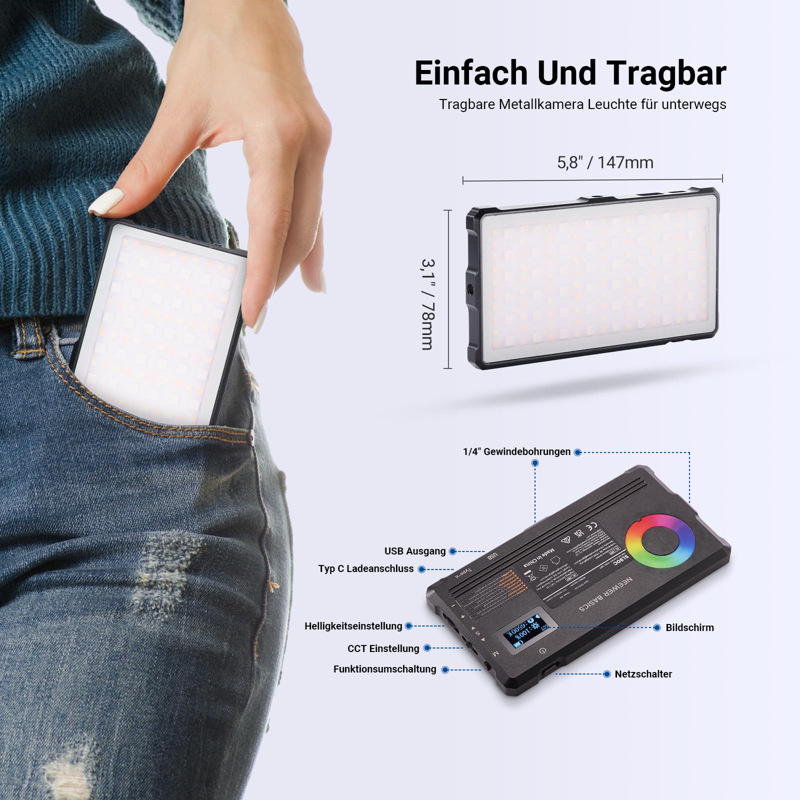 NEEWER Basics SL90C Voll RGB LED Kamera Videolicht mit Tischstativ | 8W, CRI97, 2700K-7500K, 17 Scenes, 4000mAh, Metall Tragbares kleines LED Panel Licht, DSLR Streaming Fotografie Lighting