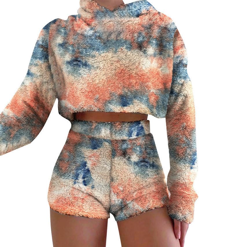 Women’s Tie-Dye Hooded Plush Pullover with Flannel Shorts | 2 Piece Cozy Winter Loungewear Set