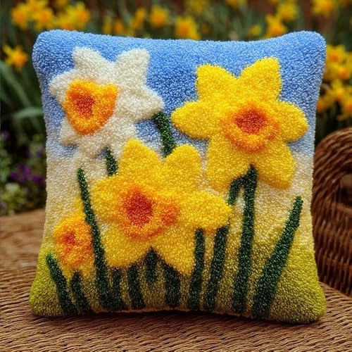 WallustrioaW Latch Hook Kit Cushion Daffodils 43Cmx43Cm Latch Hook Kit DIY Pillow Materials Package Hooks Knitted Embroidered Carpet Pillow Embroidery