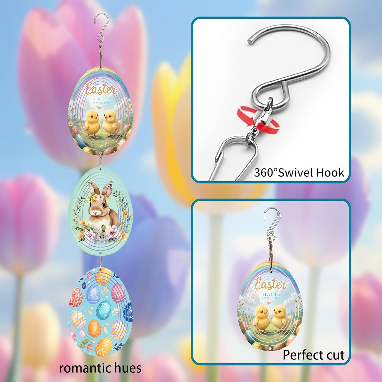 Wind Spinners Outdoor, Bird Repellent，3D Rabbit and Eggs Hanging, 15 inches, Kinetic, Stainless-Steel Metal, Indoor and Outdoor Decoration for Garden, Patio, Yard, Gift for Women Mom Wife.
