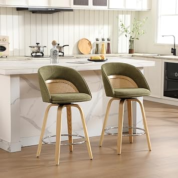 Ya-Home Modern Swivel Bar Stools Set of 2, 26.5 Counter Height Barstools Chenille Upholstered Counter Stools with Curved Back/Sliver Metal Footrest Bar Chairs for Kitchen Island/Home Bar, Green