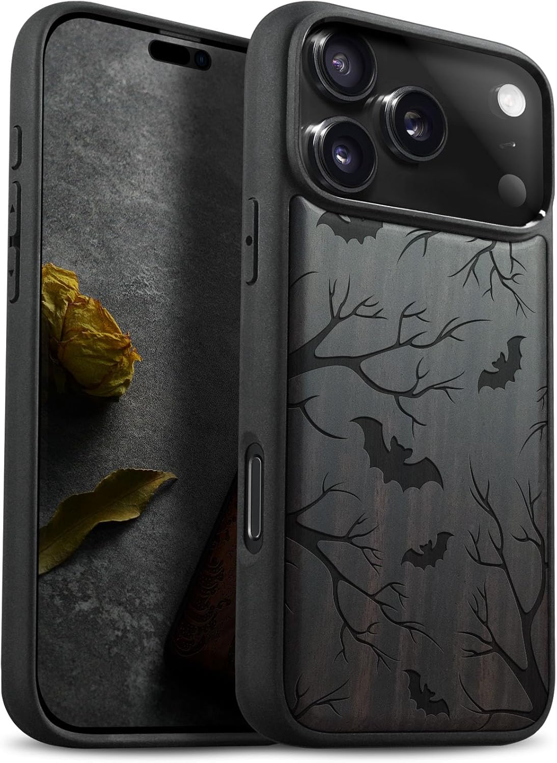 Carveit Magnetic Wooden Case for iPhone 17 Pro Max Case, Wood Artisan Engraved & Black Soft TPU Shockproof Cover, Compatible with MagSafe Wireless Chargers (Bats in The Moonlight) Rosy