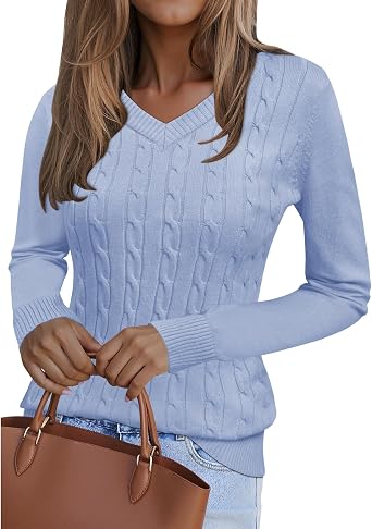 Kistore Jumpers for Women UK Long Sleeve Tops V Neck Cable Knit Pullover Sweater Lightweight Tunic Shirt