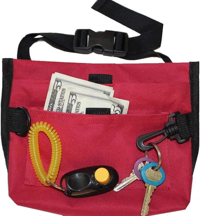 Downtown Pet Supply Premium Deluxe Dog Pet Training Treat Bait Bag Pouch, Red, with Free Clicker