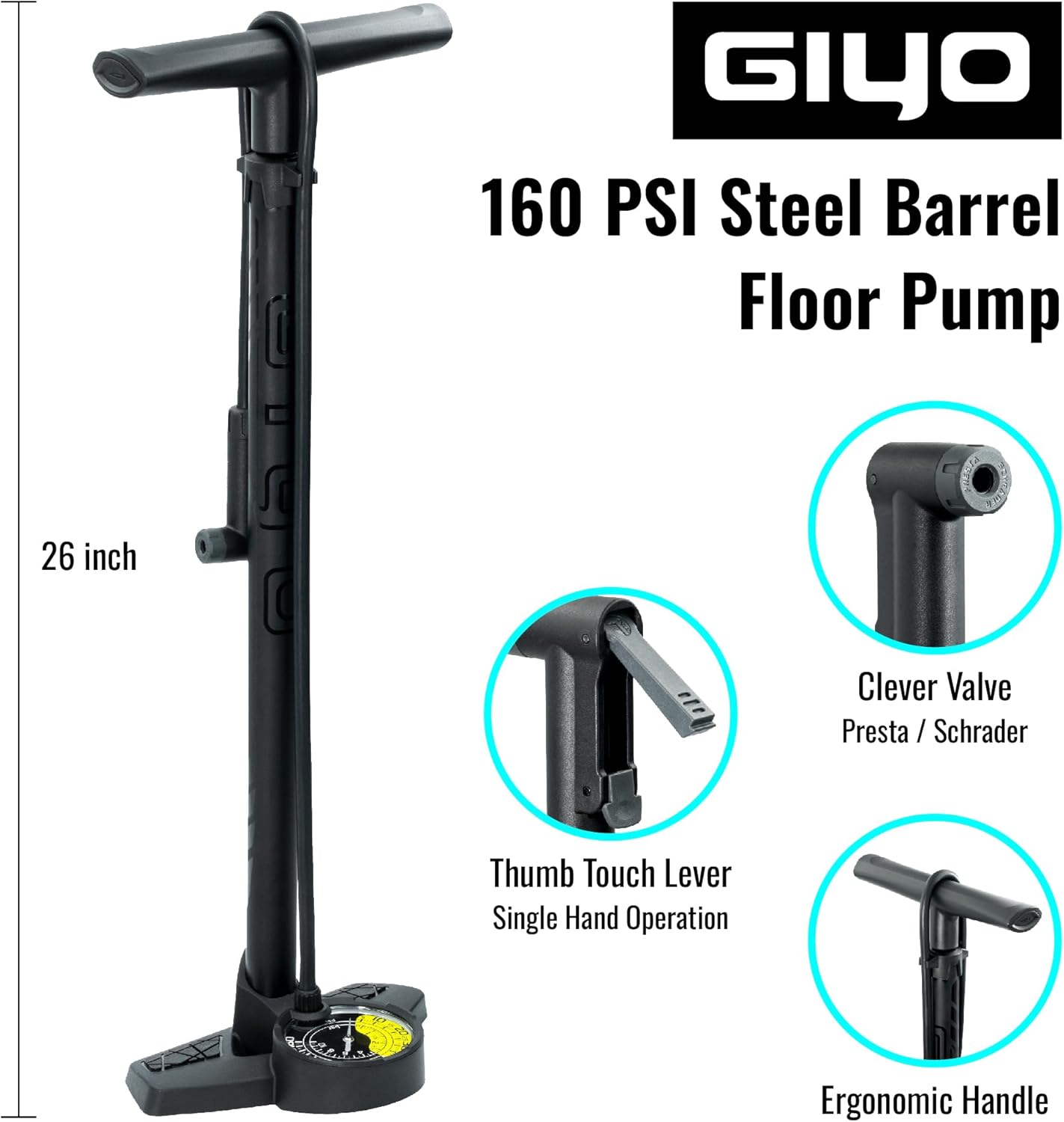 GIYO Bike Floor Pump - 3" Dual Scale Gauge - Road & MTB | One Handed Operation -Clever Valve for Presta & Schrader | Max 160PSI Steel Barrel (GF27)