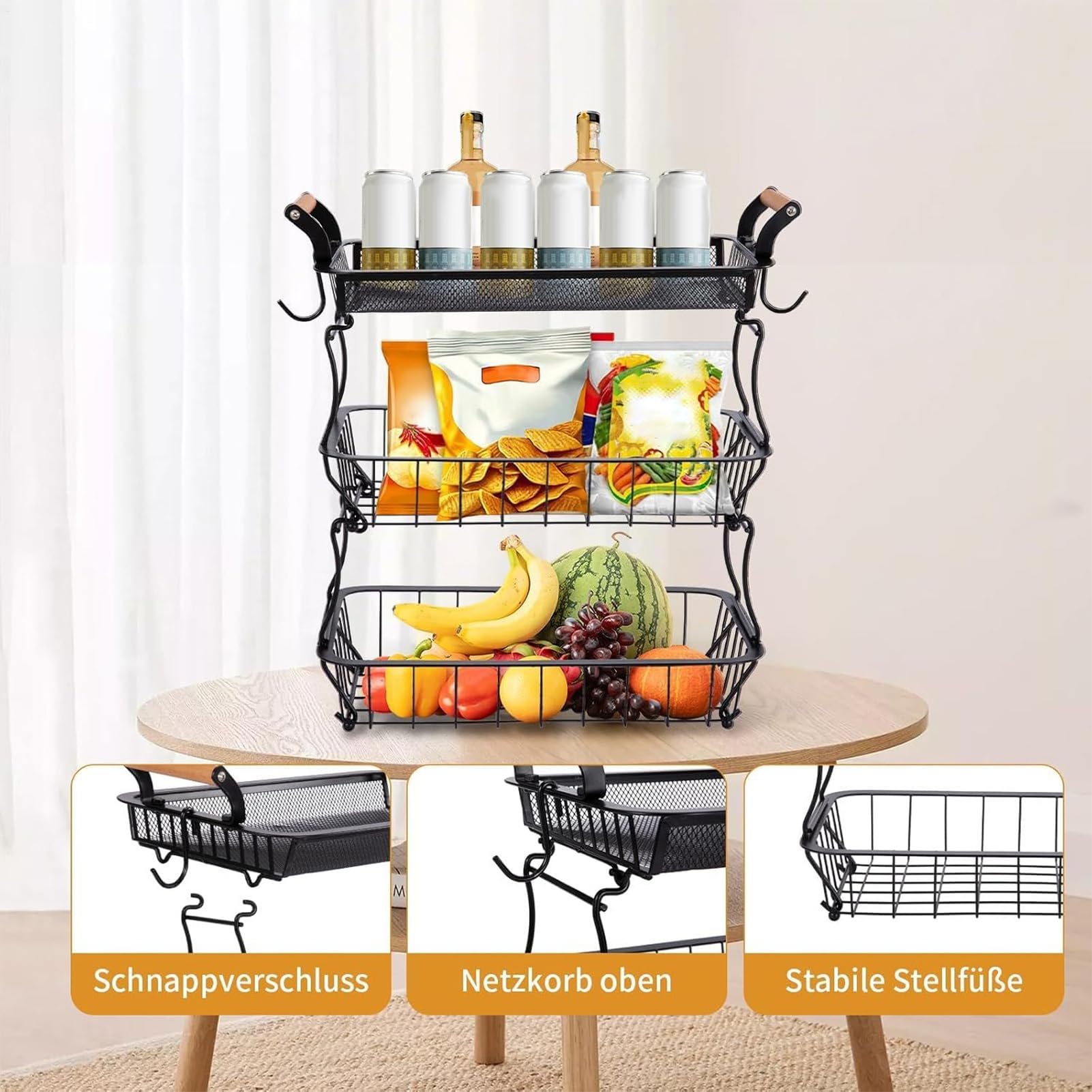 Fruit Basket, Spacious Display, bac de rangement de fruits, 3 niveaux avec rack accrochant, support en métal robuste, design élégant de ferme pour snack et végétal à la maison