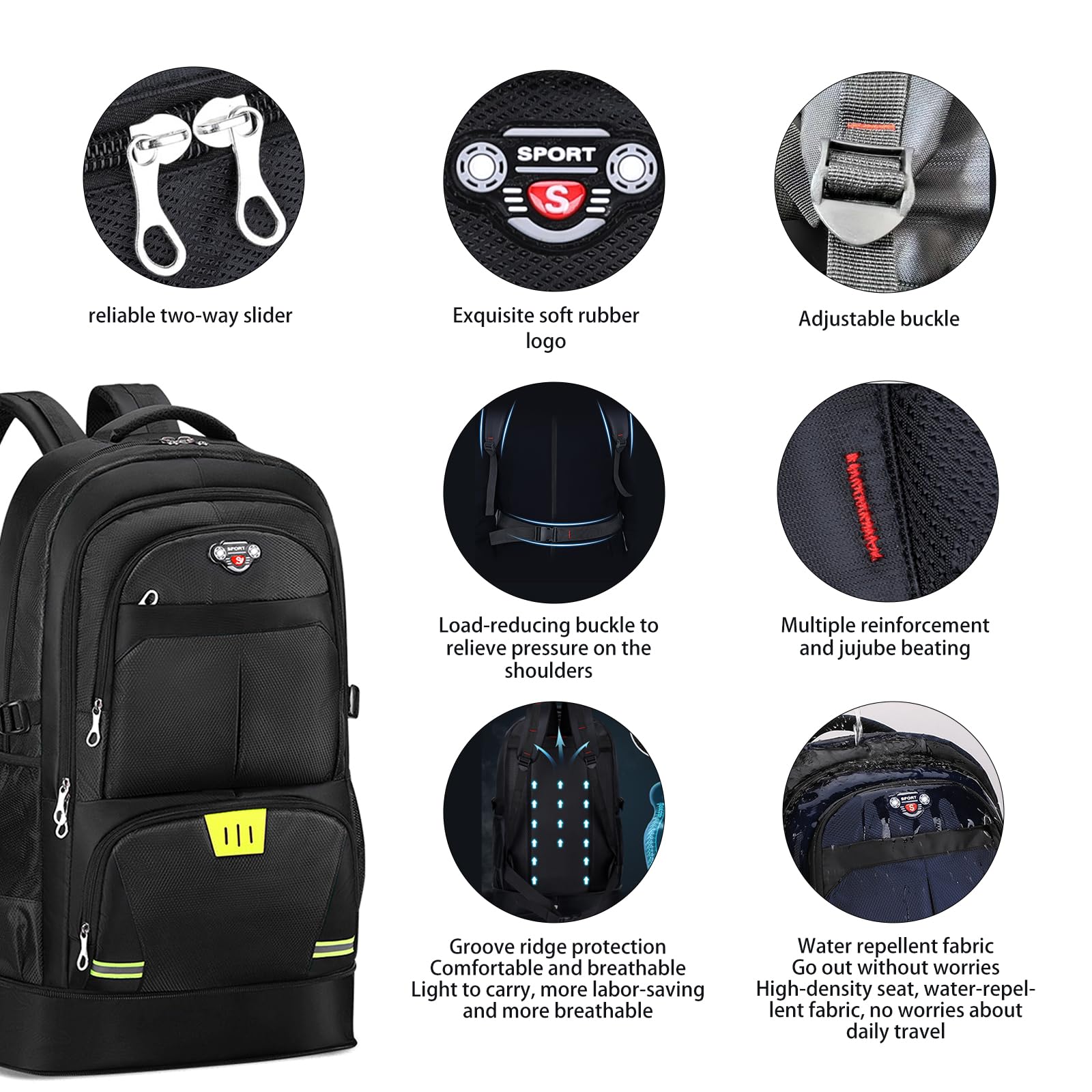 Mochila de Senderismo 65 L para Hombres y Mujeres, Viaje, Acampar, Negro