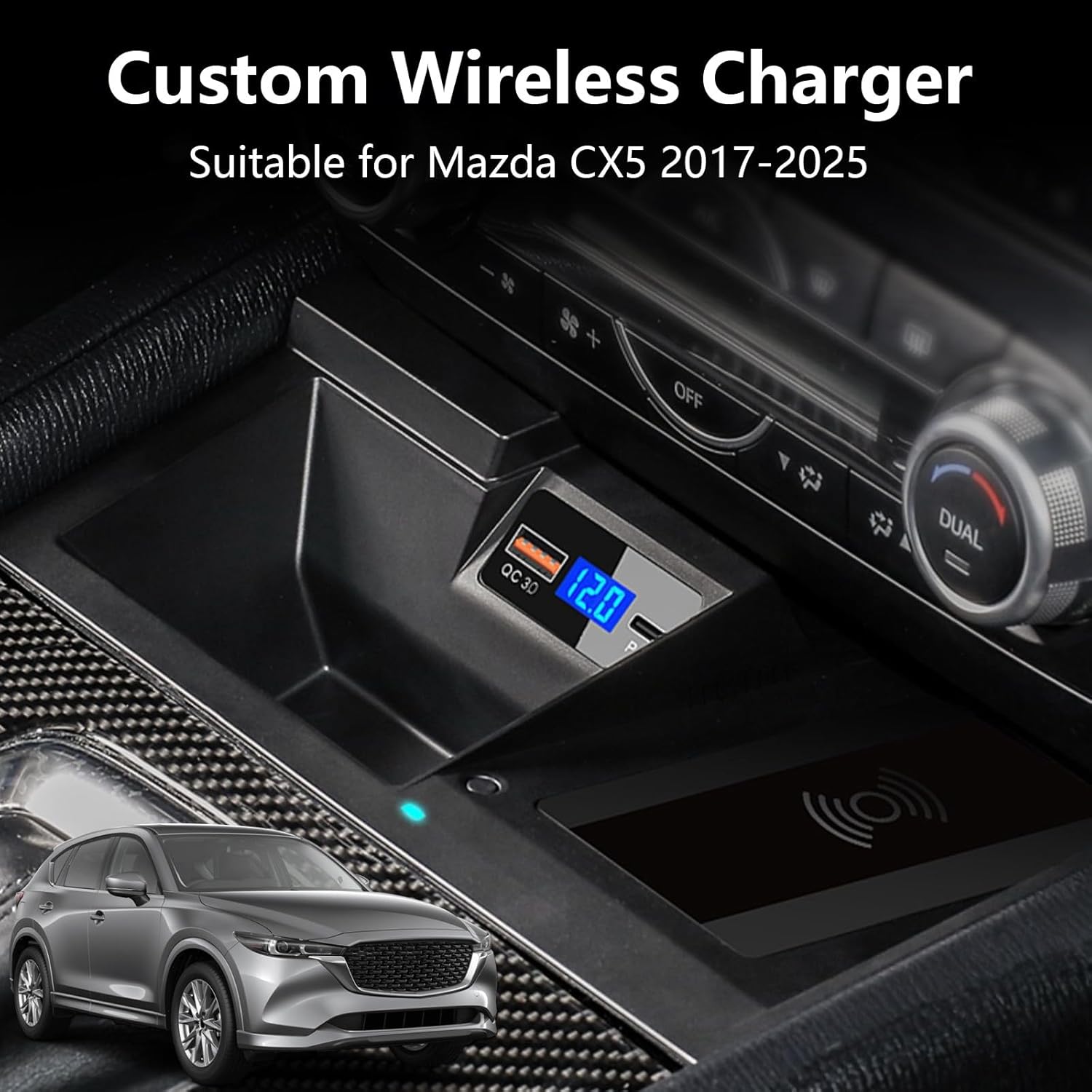 Wireless Car Charger for Mazda CX5 2025 2024 2023 2022 2021 2020 2019 2018 2017 Accessories, OEM Style 15W Qi Phone Fast Charging Pad for Mazda CX-5 Automotive Center Console Organizer