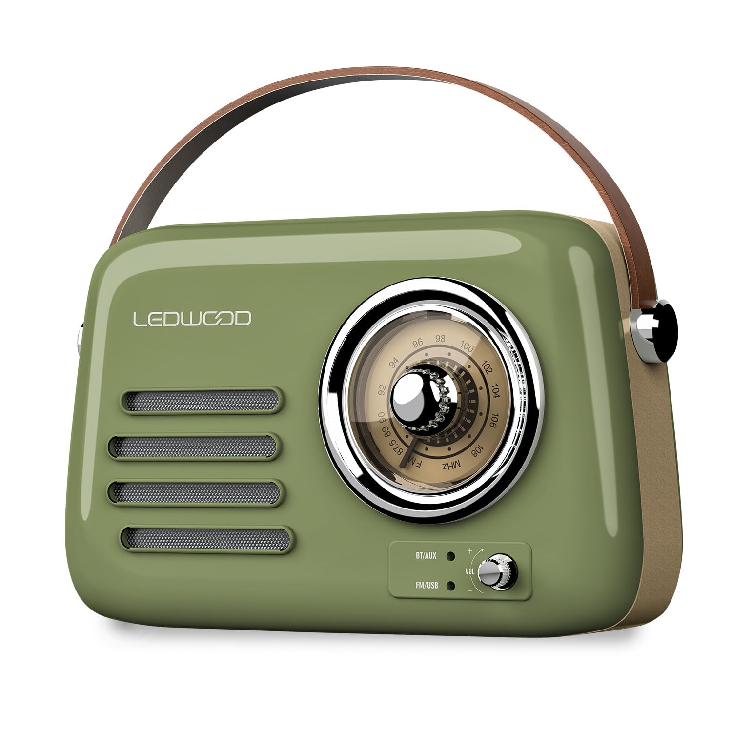 Radio Rétro Portable Ledwood Alma, FM, Bluetooth Entrée USB, Puissance 30W - Batterie 3,7V-1500mAh - Retro Vintage - Vert Olive