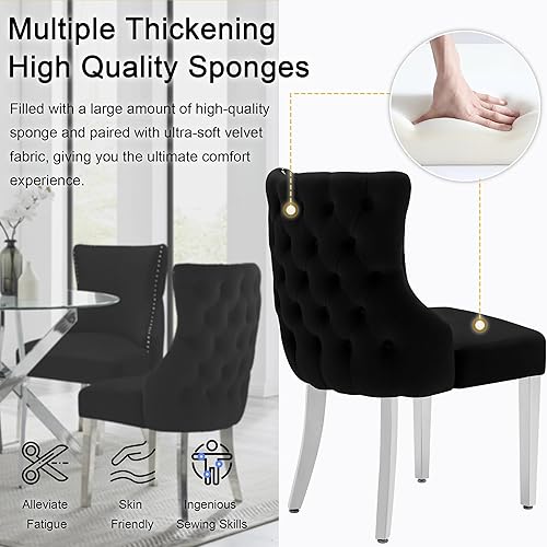 Miniatura 6 de Juego de 2 sillas de comedor de terciopelo, respaldo tapizado, Sillas de Comedor, lujosas sillas de comedor con patas de acero inoxidable, asientos