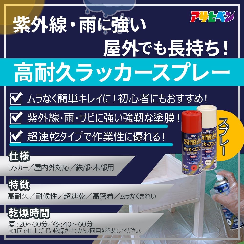 アサヒペン 高耐久ラッカースプレー こげ茶の、光沢のある仕上がりを捉えたクローズアップ画像。