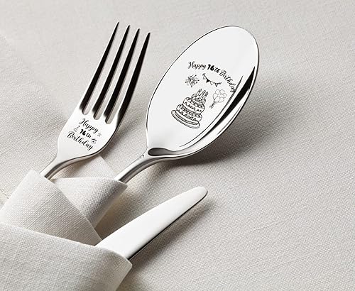 Miniatura 2 de 2 Pieces Happy 16th Birthday Engraved Stainless Spoon and Fork, Funny Long Handle Dinner Fork Coffee Spoop with Gift Box, Birthday Gifts for Son
