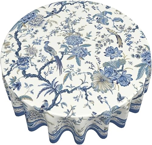 Miniatura 6 de Giwawa Chinoiserie - Mantel redondo de 60 pulgadas, diseño de pájaros y flores azules y blancas, funda de mesa clásica de porcelana floral estilo